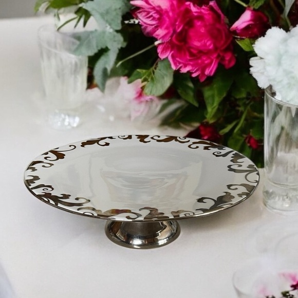 Cake Stand Platter Serving Tray CIROA LUXE Fiori Scroll 12” Pedestal Silver - Picture 1 of 5